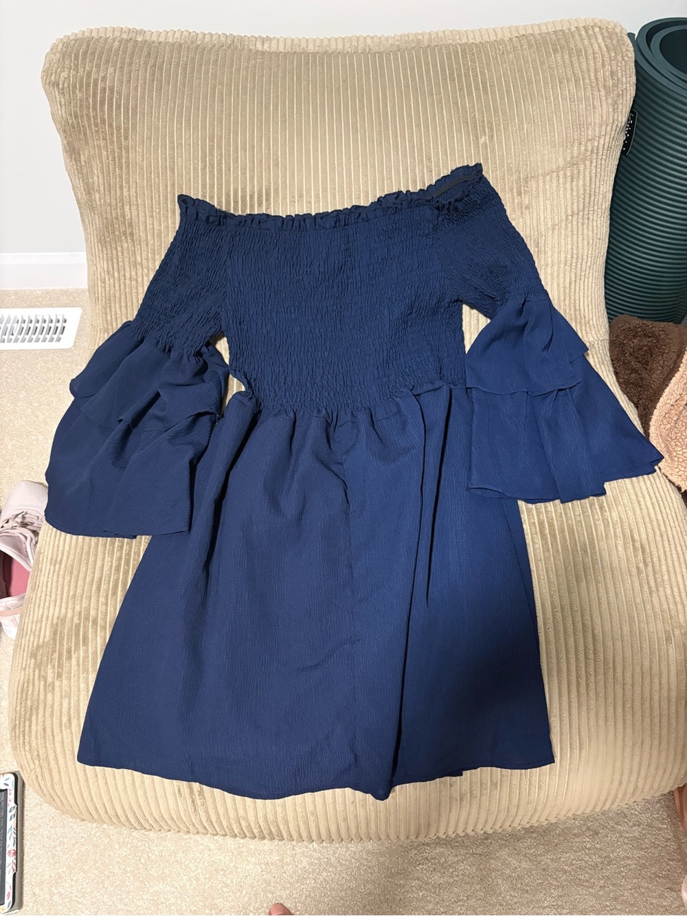 Girls Navy Off-Shoulder Ruffle Sleeve Dress